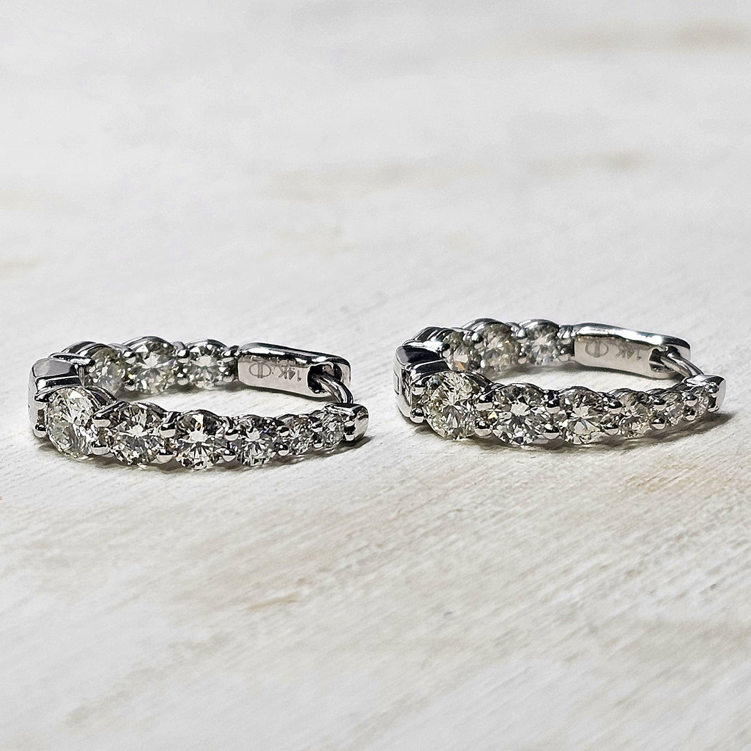 14k White Gold Graduated Diamond Inside Out Hoop Earrings 2ctw