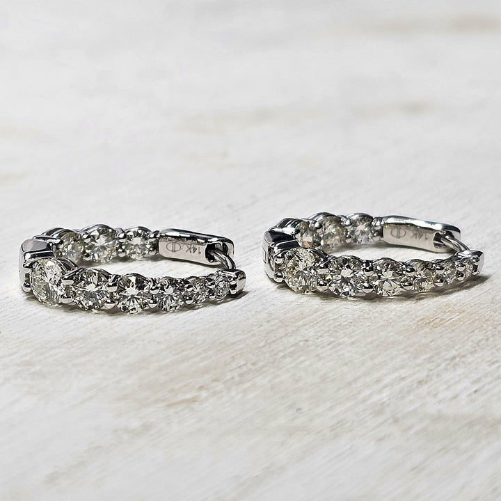 14k White Gold Graduated Diamond Inside Out Hoop Earrings 2ctw