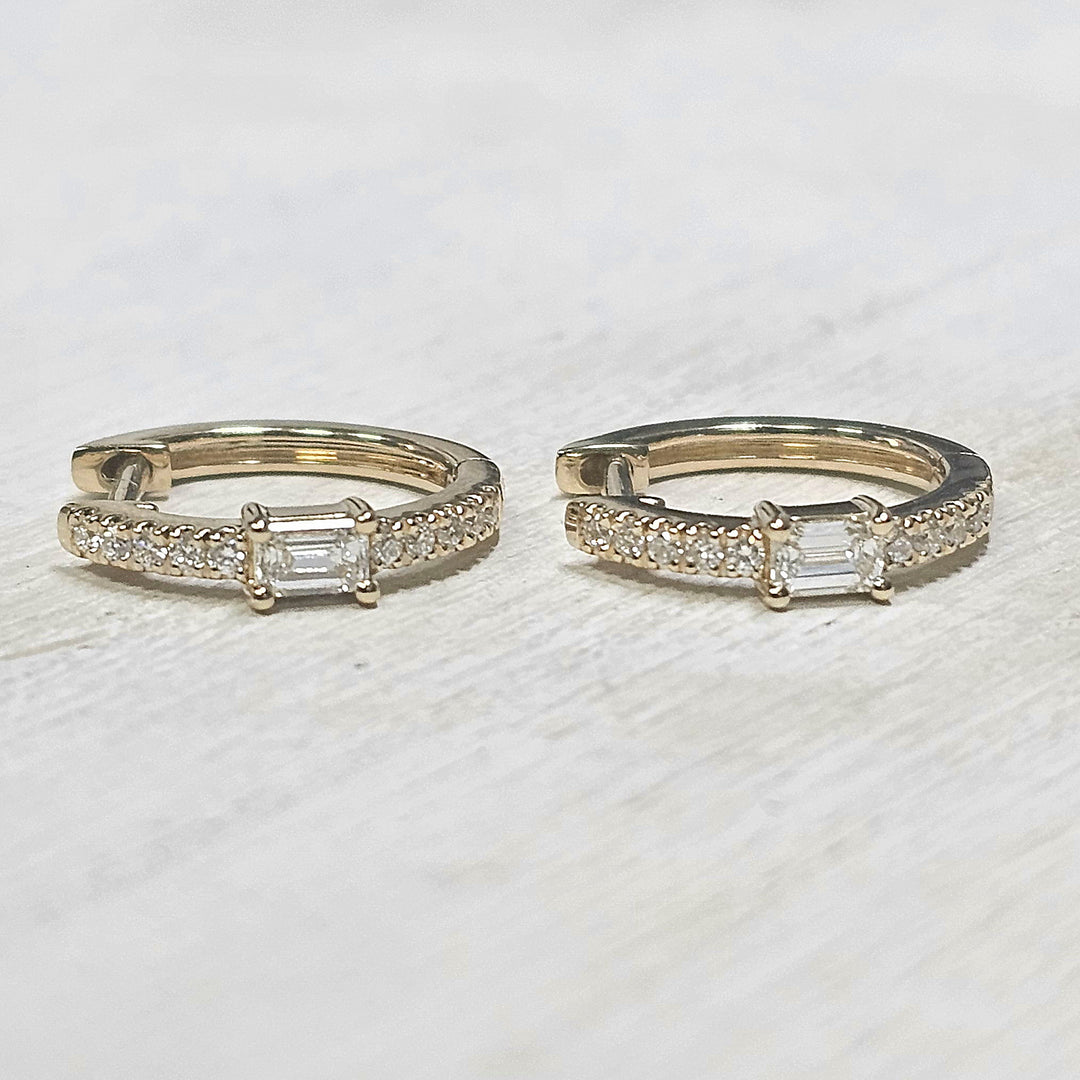 14k Yellow Gold Emerald and Round Diamond Hoop Earrings .31ctw