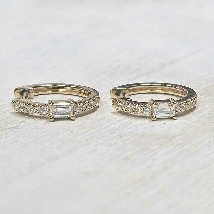 14k Yellow Gold Emerald and Round Diamond Hoop Earrings .31ctw