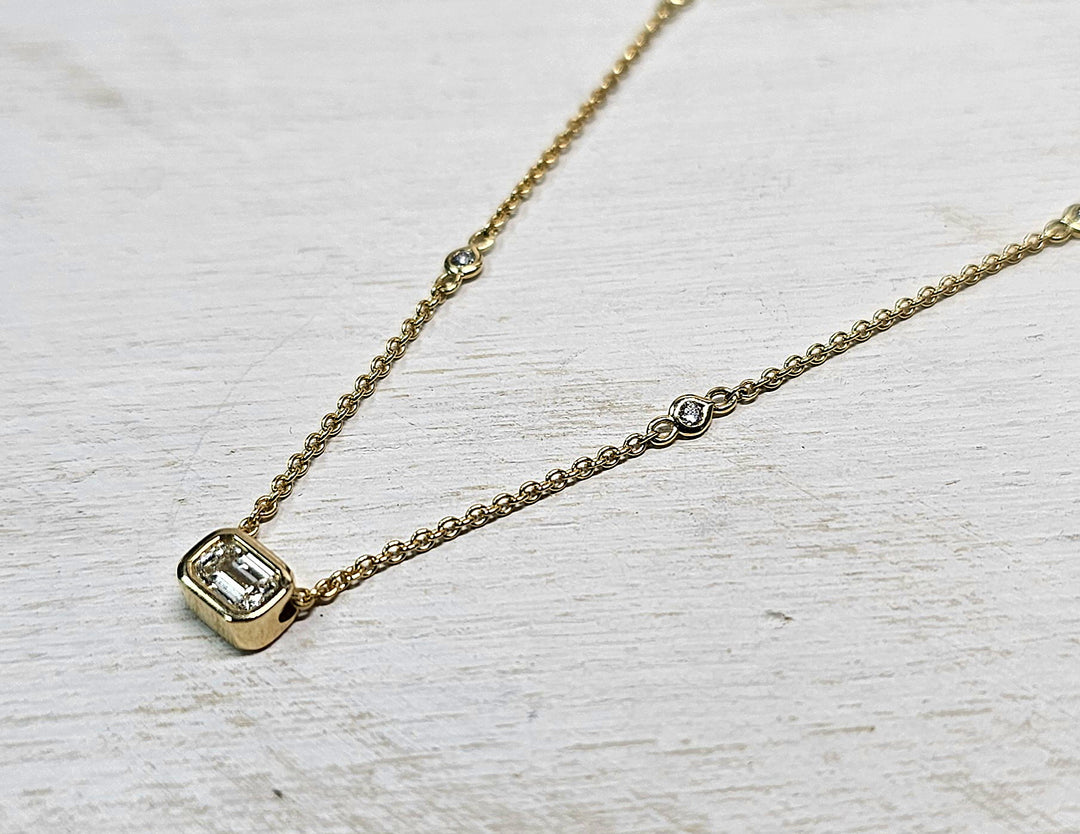 14kt Yellow Gold .30ctw Bezel Set Emerald Diamond Necklace