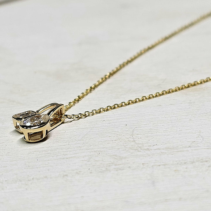 14K Yellow Gold Bezel Set Pear and Emerald Cut Diamond Double Pendant Necklace .33ctw