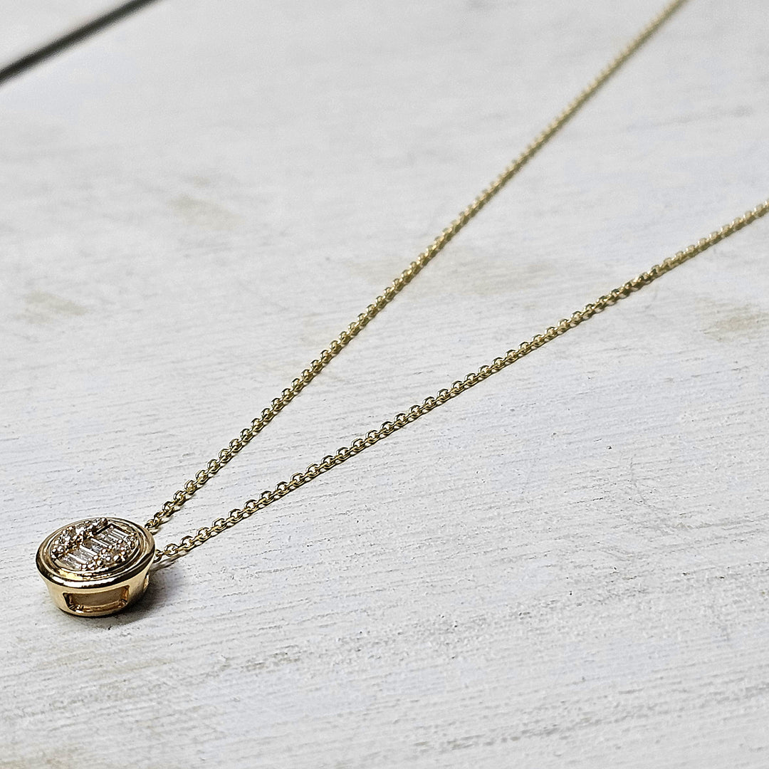 14k Yellow Gold Baguette and Round Diamond Cluster Necklace .11ctw
