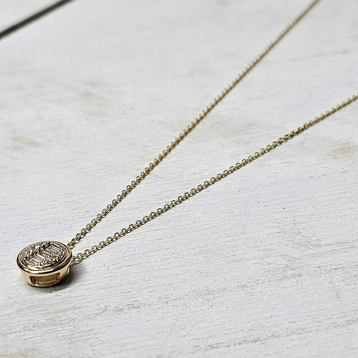 14k Yellow Gold Baguette and Round Diamond Cluster Necklace .11ctw