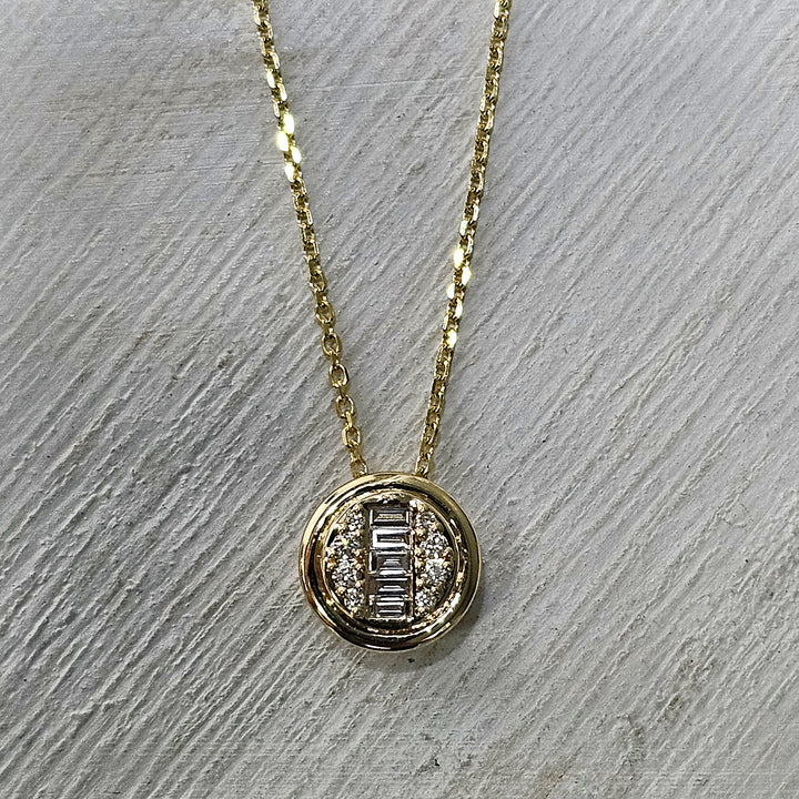 14k Yellow Gold Baguette and Round Diamond Cluster Necklace .11ctw