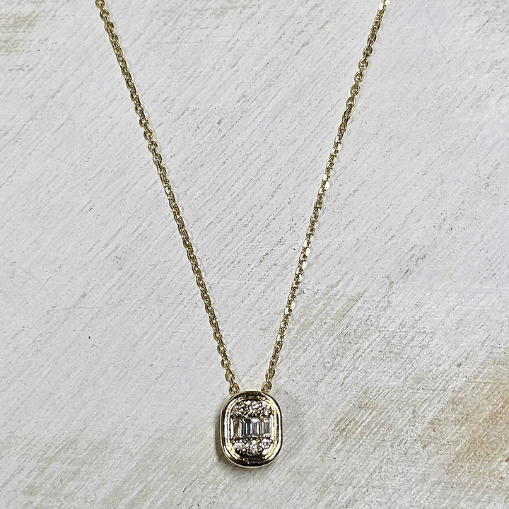 14k Yellow Gold Round and Baguettte Diamond Necklace .12ctw