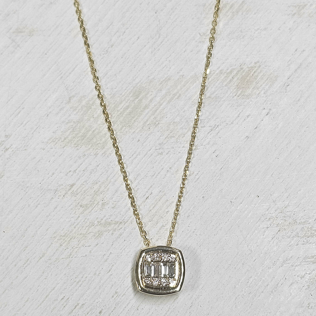 14k Yellow Gold Baguette and Round Diamond Necklace .13ctw