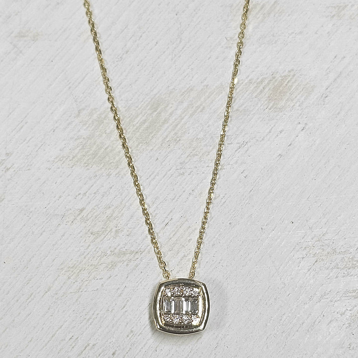14k Yellow Gold Baguette and Round Diamond Necklace .13ctw