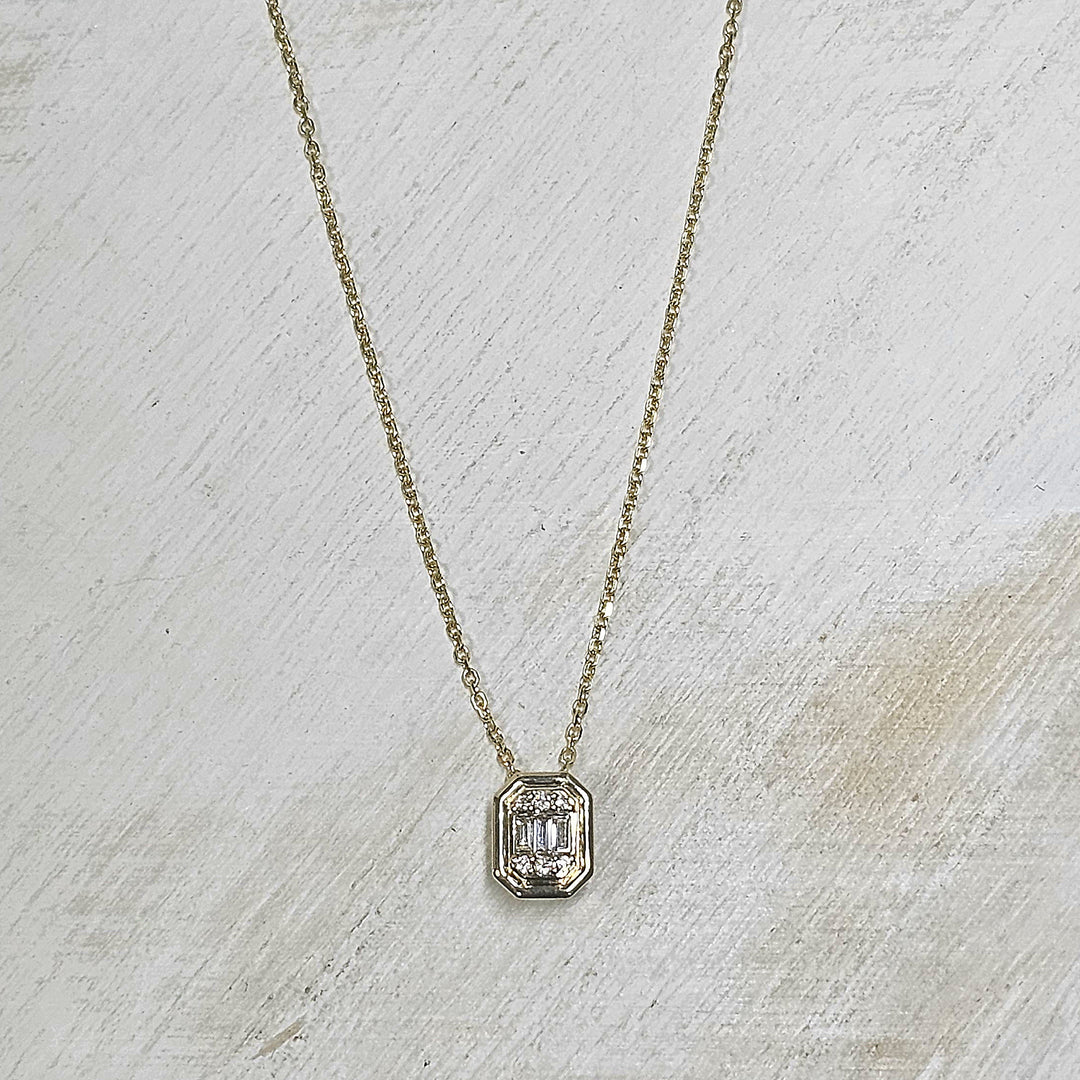 14k Yellow Gold Rectangular Cluster Diamond Necklace .09ctw