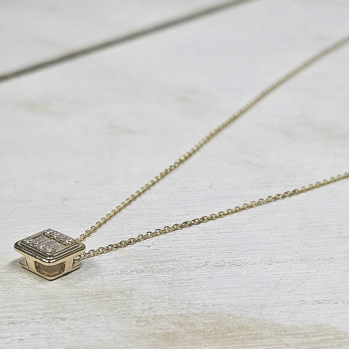 14k Yellow Gold Square Cluster Diamond Necklace .11ctw