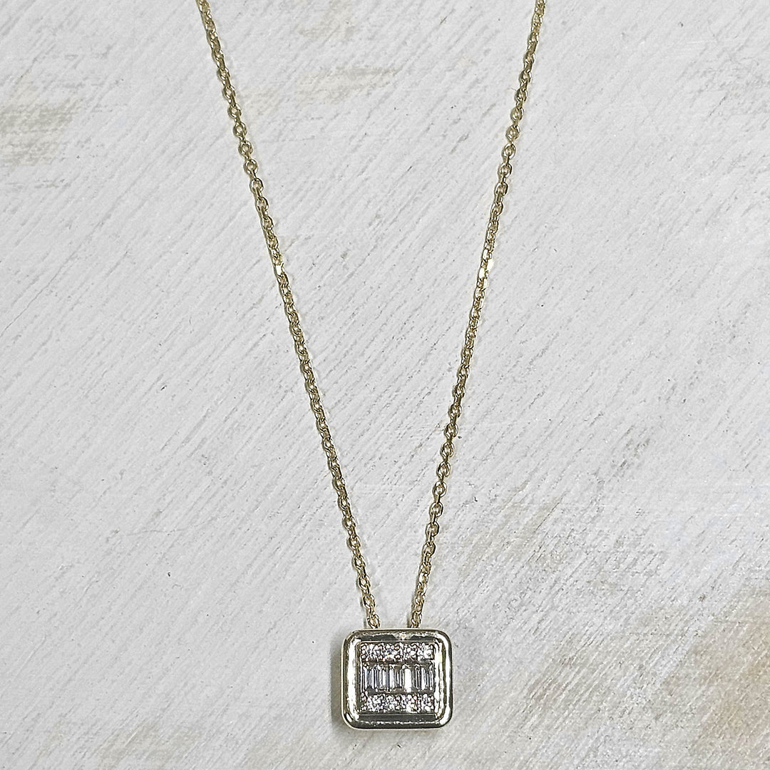 14k Yellow Gold Square Cluster Diamond Necklace .11ctw