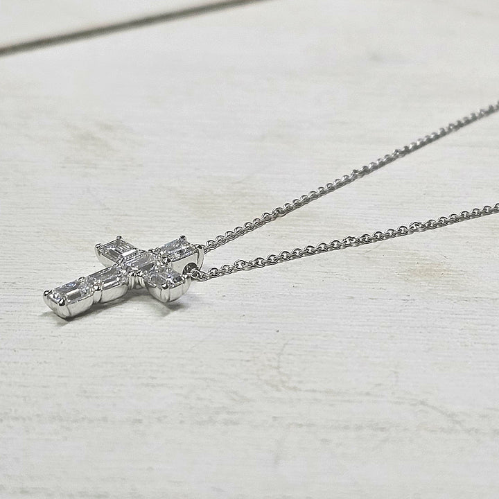 14k White Gold Lab Grown Emerald Diamond Cross Necklace 1.40ctw