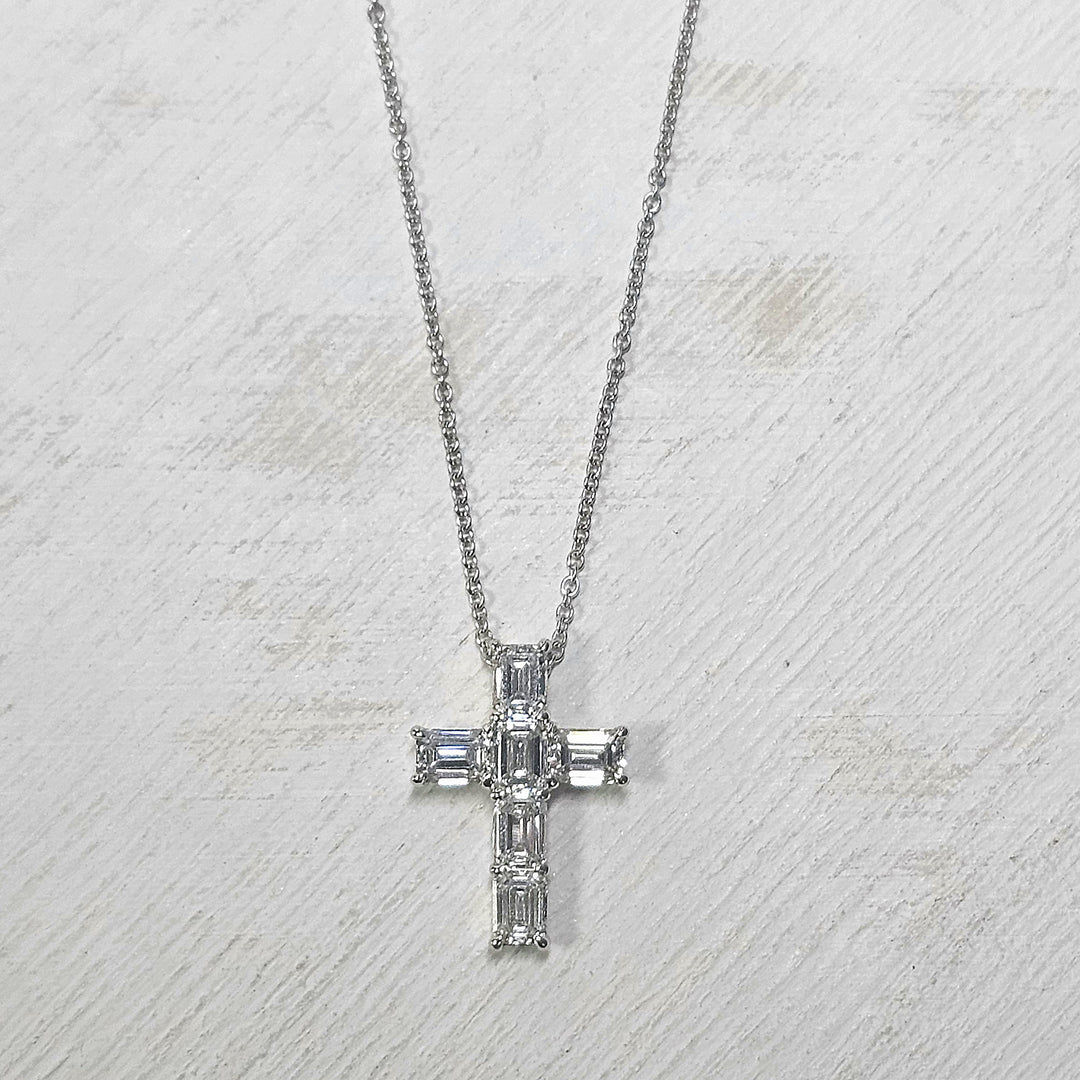 14k White Gold Lab Grown Emerald Diamond Cross Necklace 1.40ctw