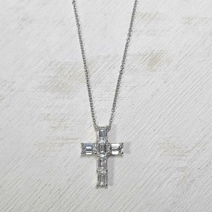 14k White Gold Lab Grown Emerald Diamond Cross Necklace 1.40ctw