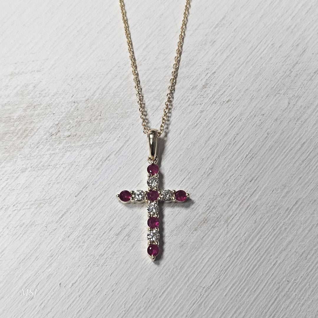 14k Yellow Gold 0.23 Ctw Diamond and 0.30 Ctw Ruby Cross Pendant