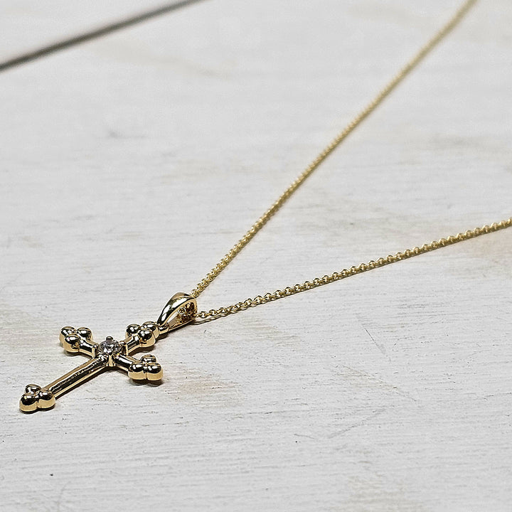 14k Yellow Gold Decorative Diamond Cross Necklace .05ctw