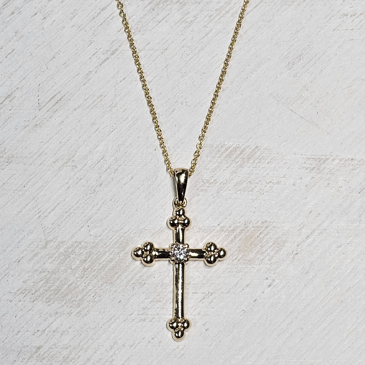 14k Yellow Gold Decorative Diamond Cross Necklace .05ctw