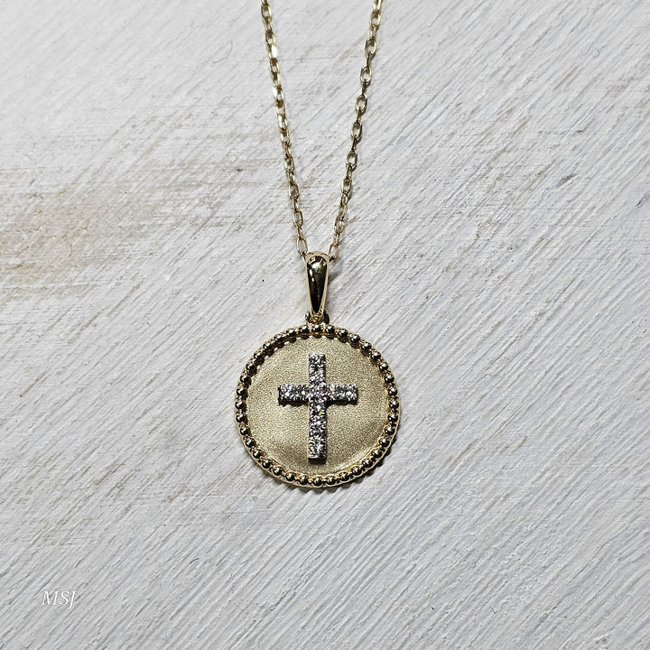 14kYellow Gold Diamond Cross Disc with .08ctw