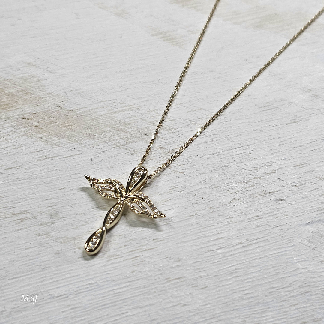 10k Yellow Gold .14ctw Angel Wing Cross Pendant