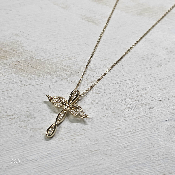 10k Yellow Gold .14ctw Angel Wing Cross Pendant