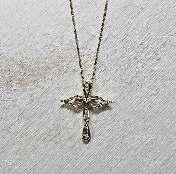 10k Yellow Gold .14ctw Angel Wing Cross Pendant