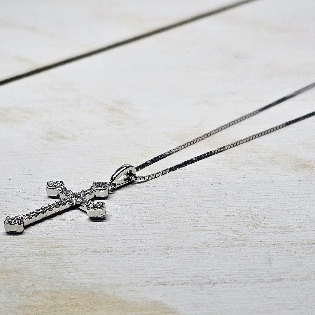 14k White Gold Ornate Diamond Cross Necklace .26ctw