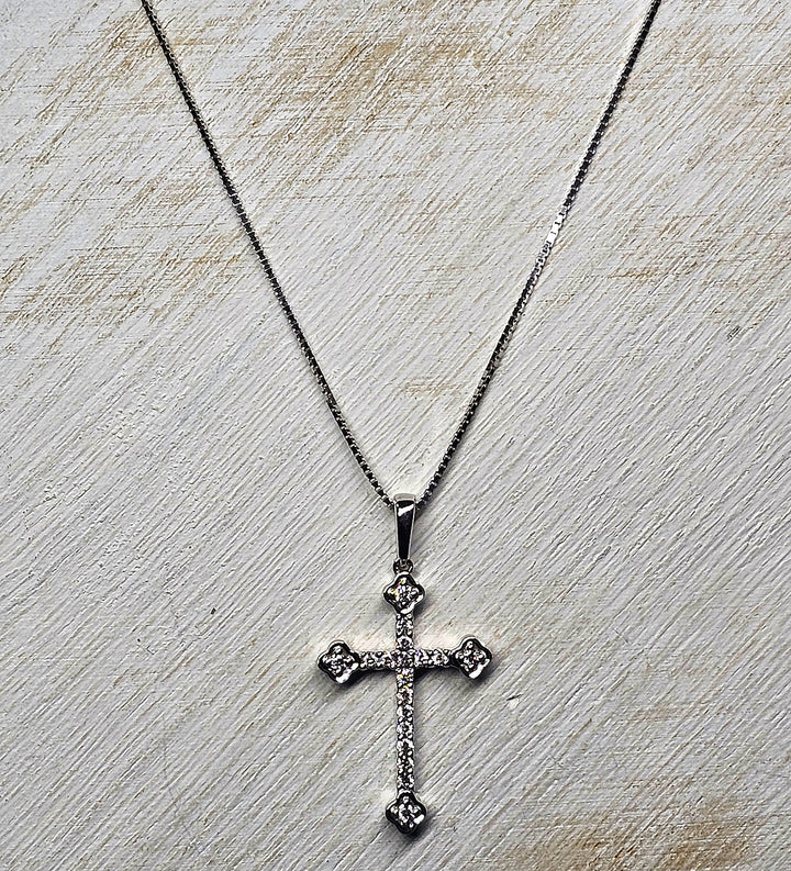 14k White Gold Ornate Diamond Cross Necklace .26ctw