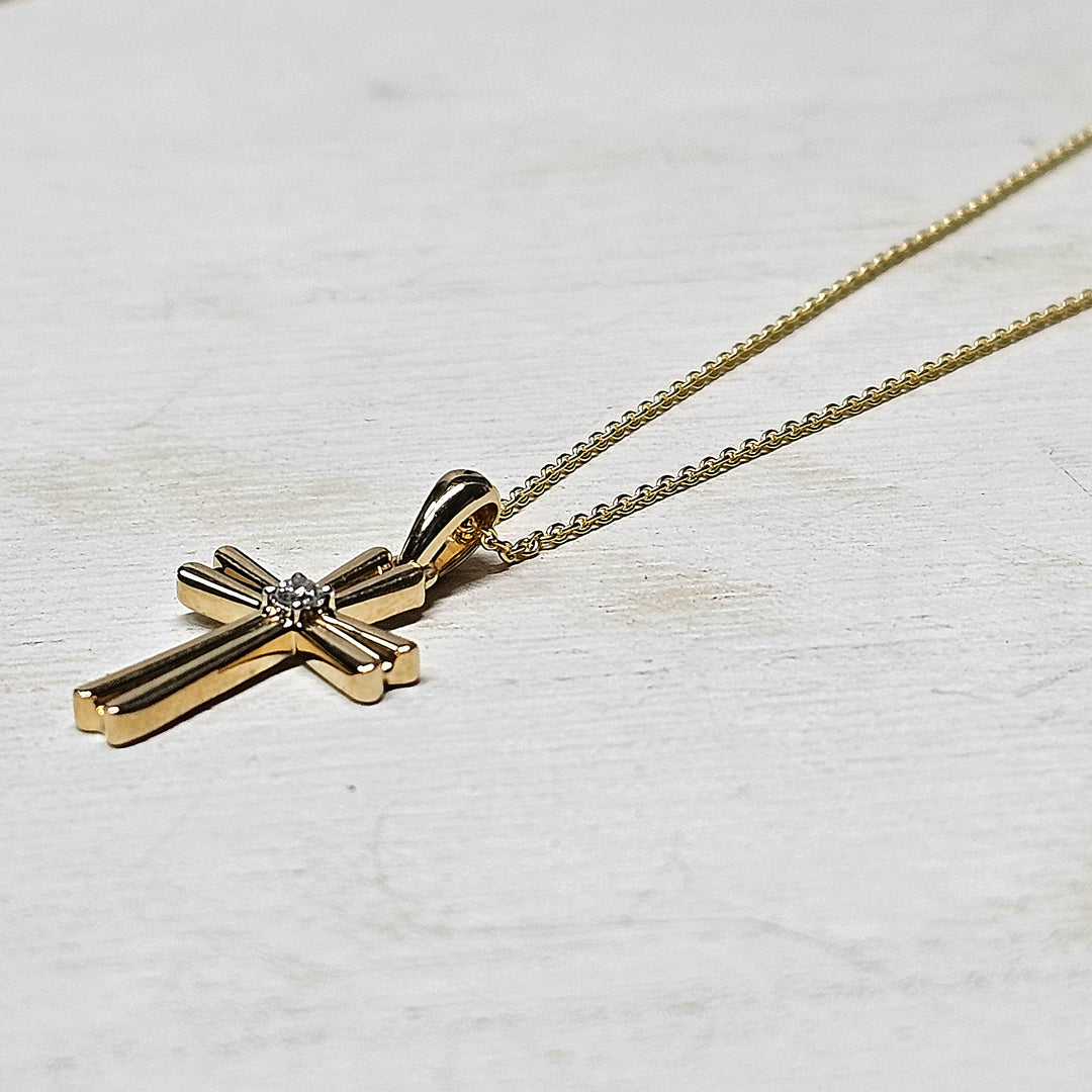 14k Yellow Gold Cross Necklace with Diamond Accent .03ctw