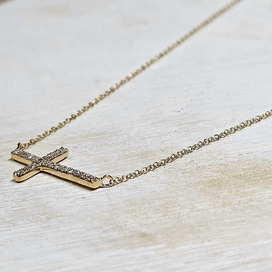 14k Yellow Gold Diamond Sideways Cross Necklace .10ctw