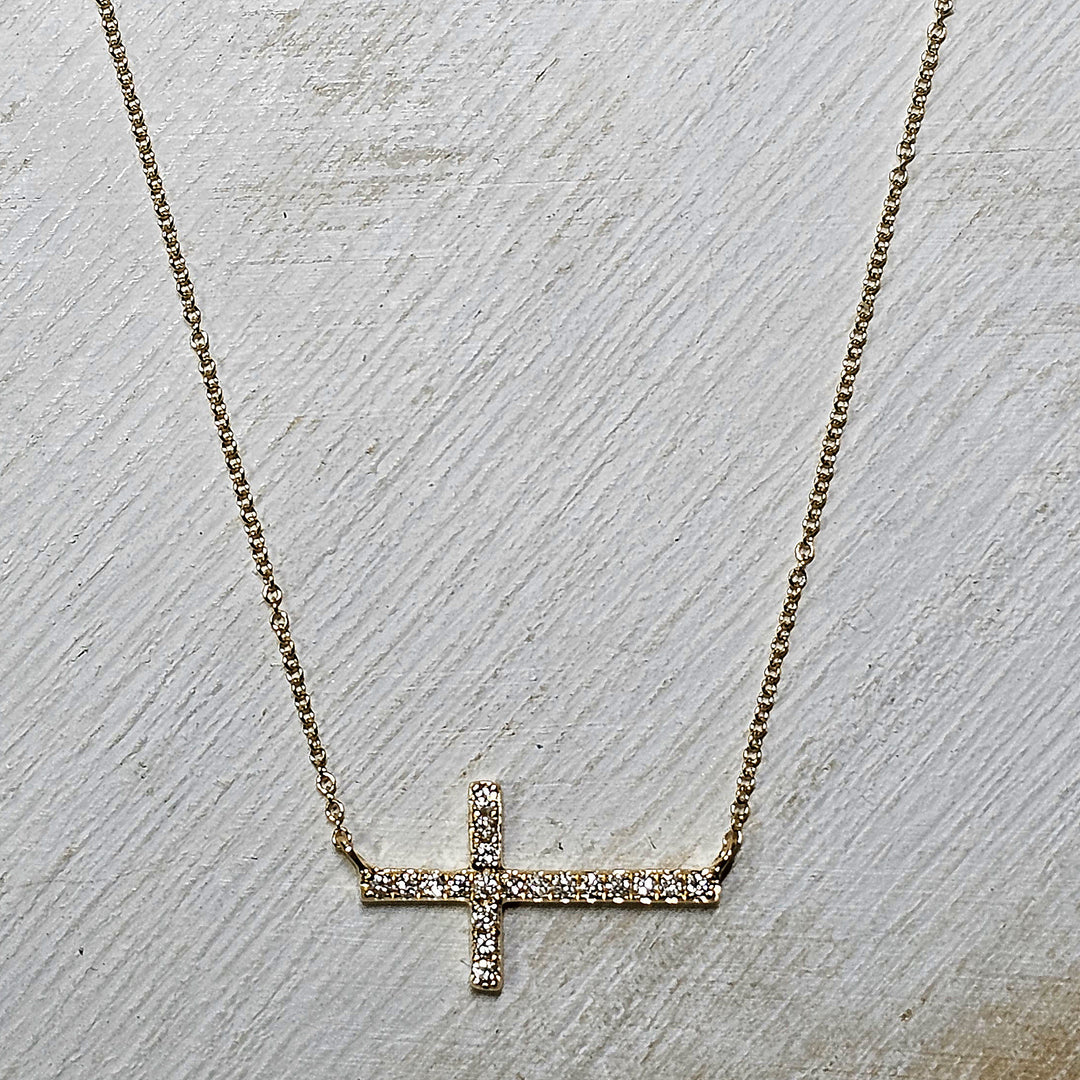 14k Yellow Gold Diamond Sideways Cross Necklace .10ctw
