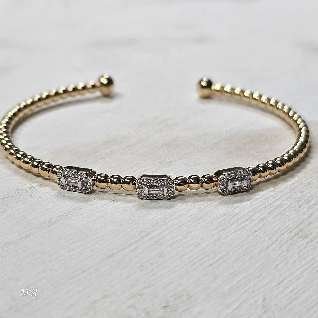 10k Yellow Gold Three Station Diamond Cuff Bangle Bracelet .25ctw