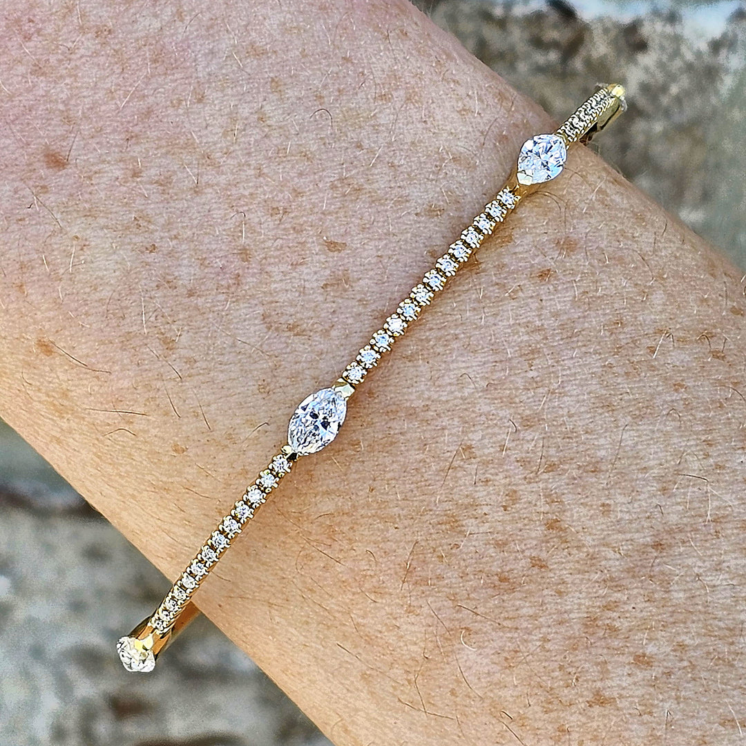 14k Yellow Gold Marquise and Round Diamond Flexi Bangle Bracelet 1.38ctw