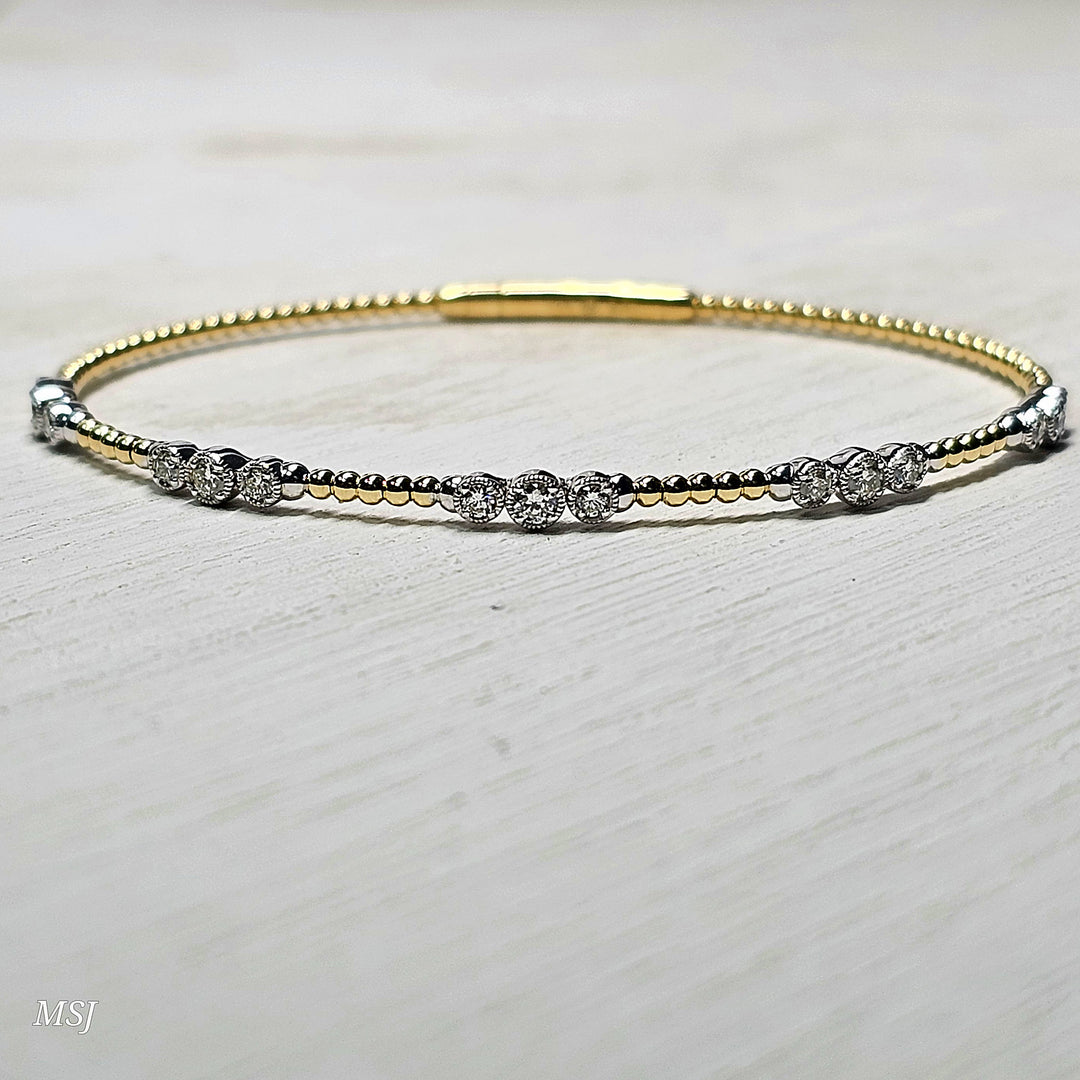 14k Two Tone Bezel Station Diamond Flex Bangle Bracelet .51ctw