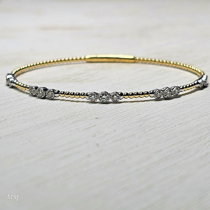 14k Two Tone Bezel Station Diamond Flex Bangle Bracelet .51ctw