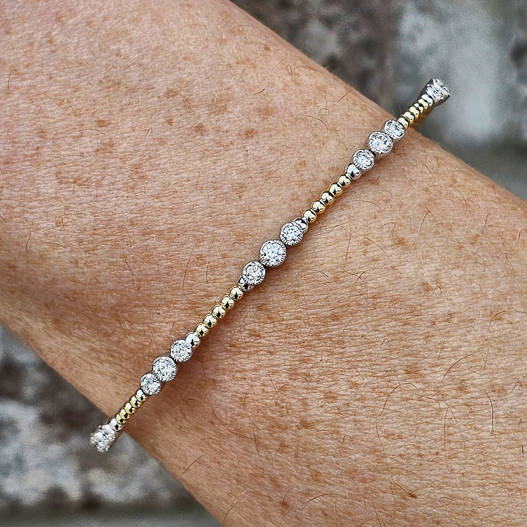 14k Two Tone Bezel Station Diamond Flex Bangle Bracelet .51ctw