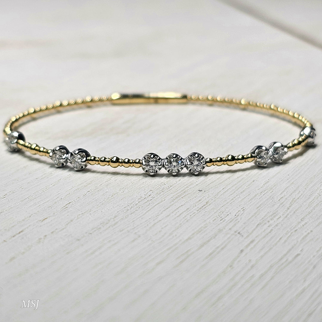 14k Two Tone Beaded Station Diamond Flex Bangle .56ctw