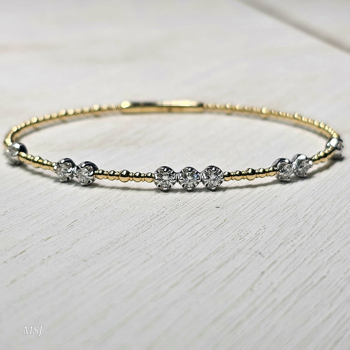 14k Two Tone Beaded Station Diamond Flex Bangle .56ctw