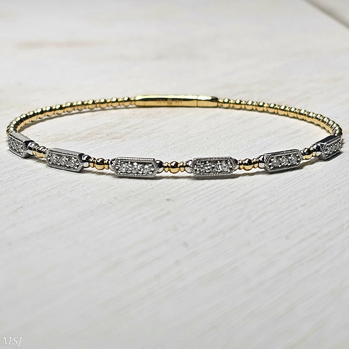 14k Two Tone Beaded Milgrain Station Diamond Flex Bangle .50ctw