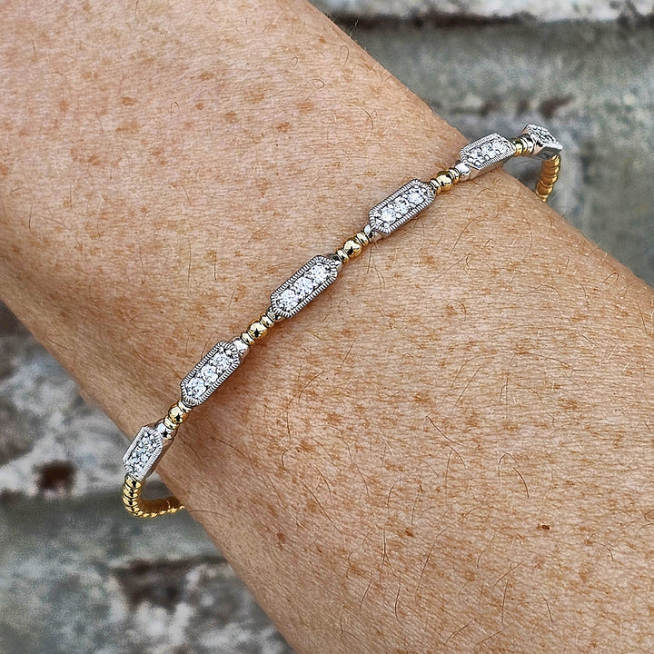 14k Two Tone Beaded Milgrain Station Diamond Flex Bangle .50ctw