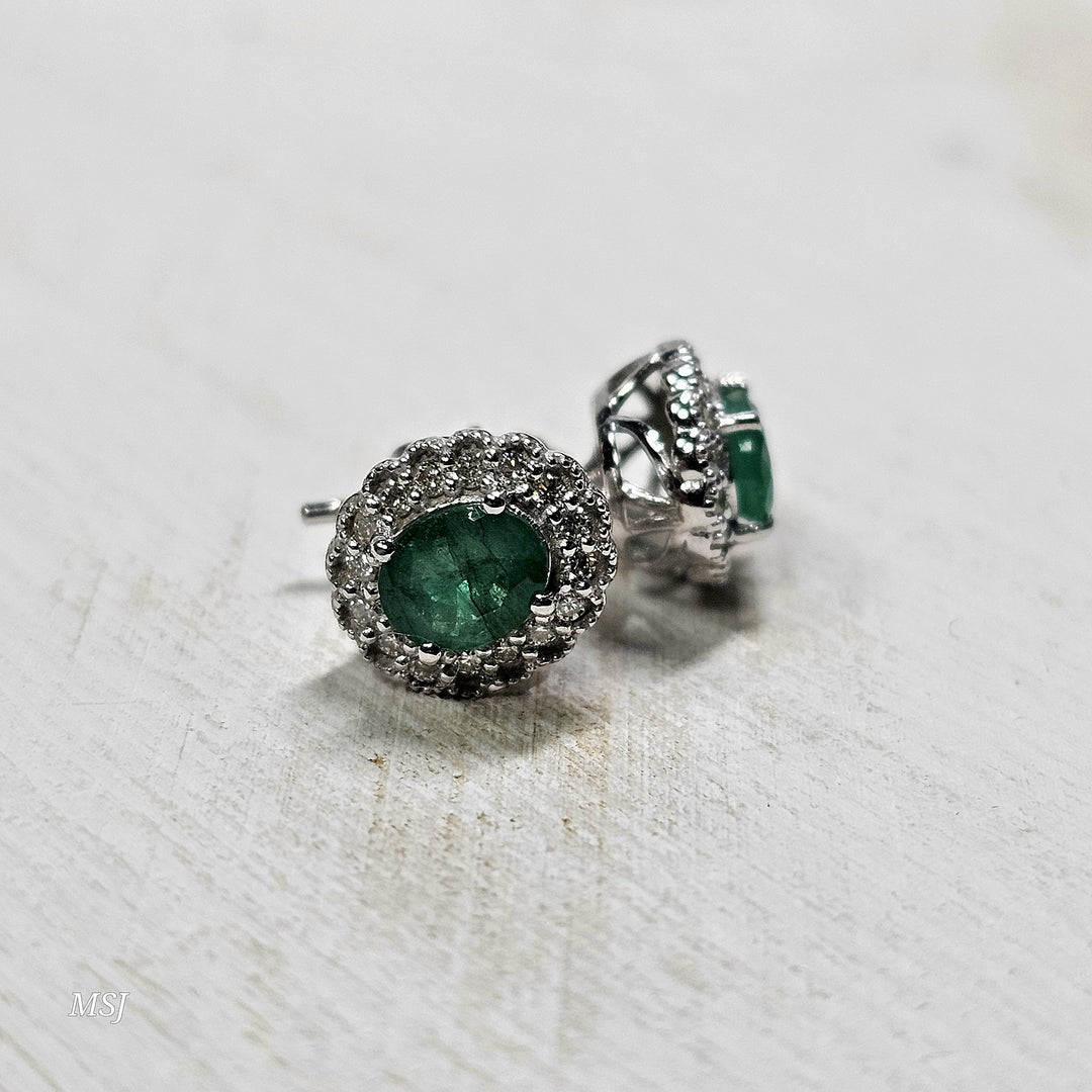 10k White Gold.90ctw Emerald and Diamond Earrings