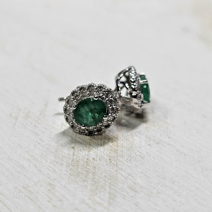 10k White Gold.90ctw Emerald and Diamond Earrings