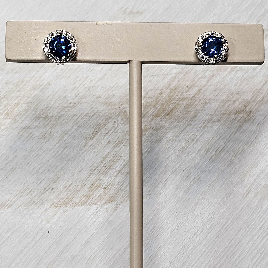 14k White Gold Diamond Halo Blue Sapphire Stud Earrings