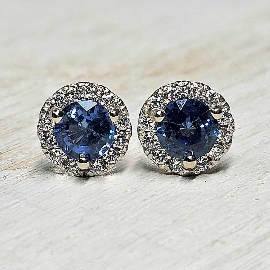 14k White Gold Diamond Halo Blue Sapphire Stud Earrings