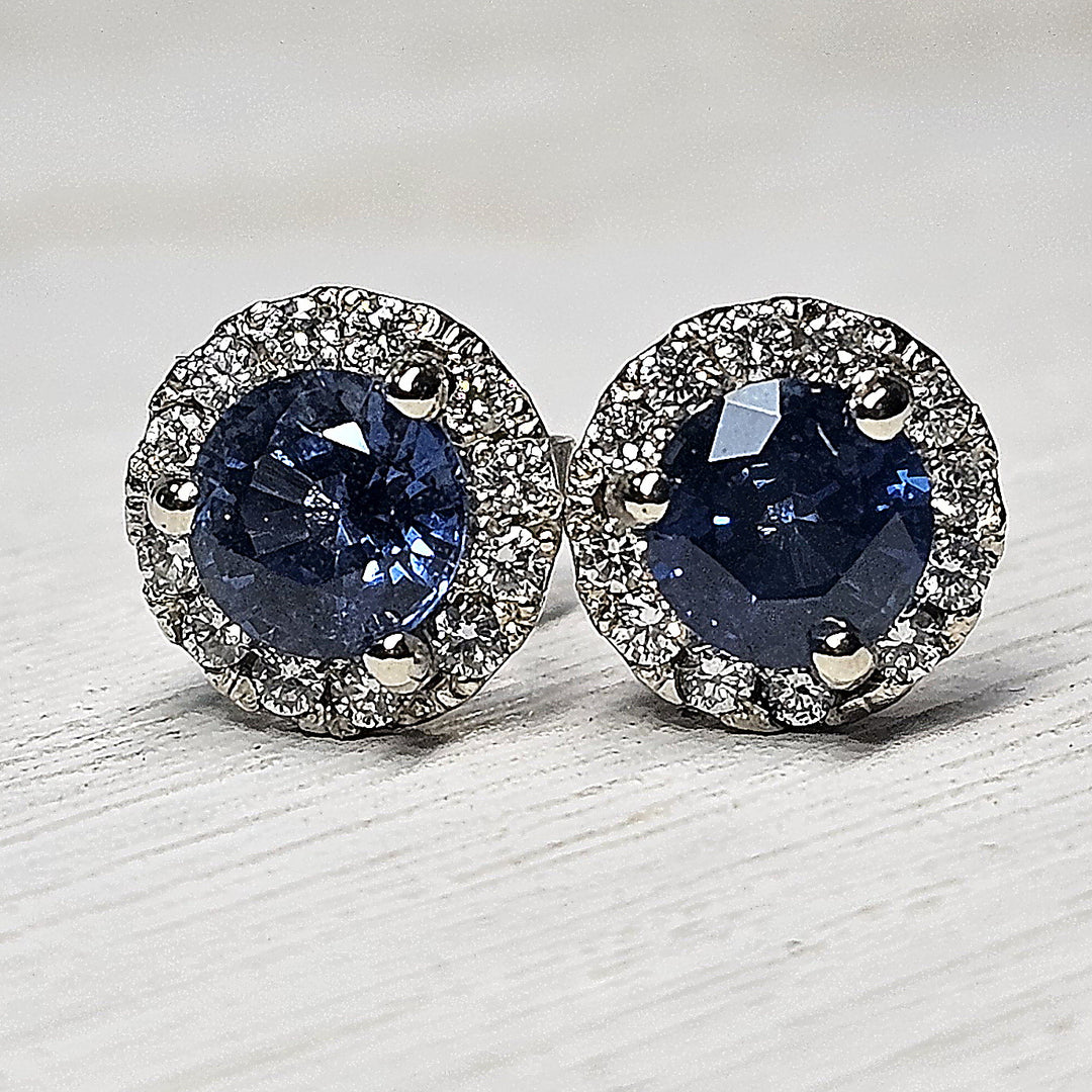 14k White Gold Diamond Halo Blue Sapphire Stud Earrings