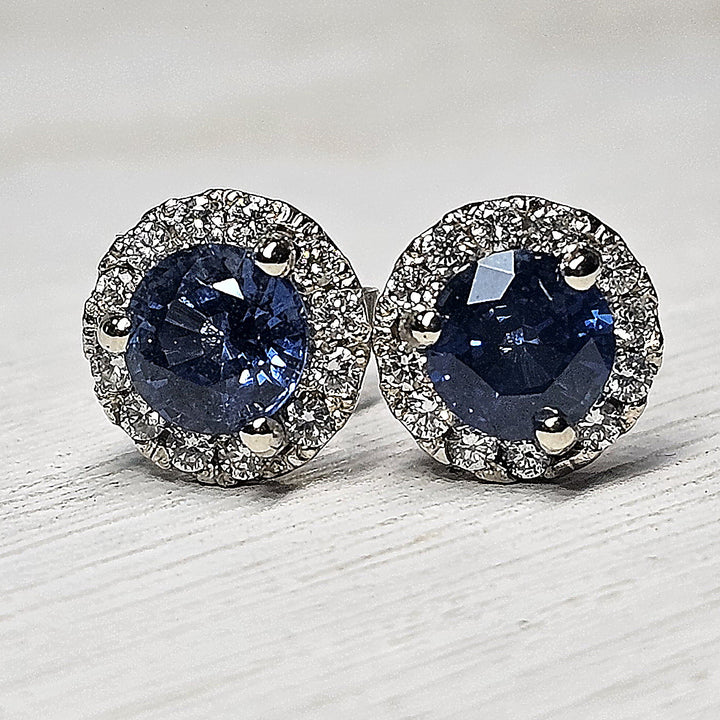 14k White Gold Diamond Halo Blue Sapphire Stud Earrings