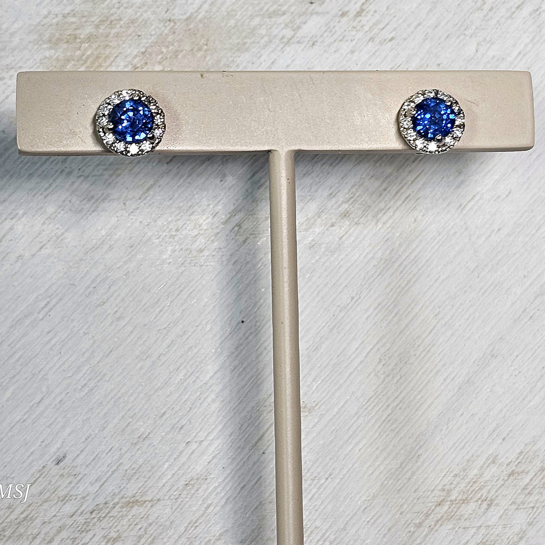14k White Gold Diamond Halo Blue Sapphire Stud Earrings