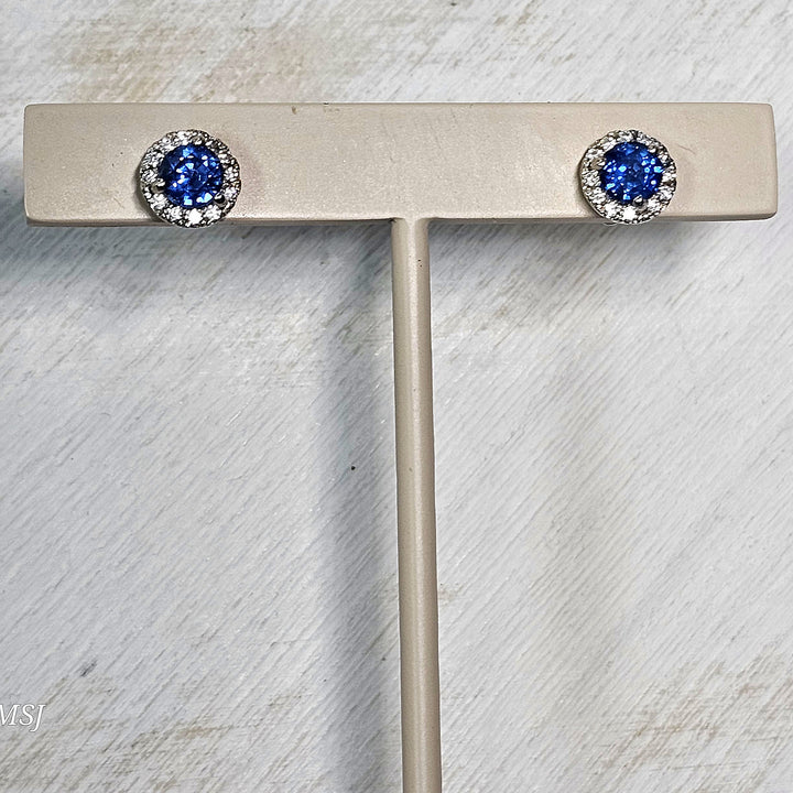 14k White Gold Diamond Halo Blue Sapphire Stud Earrings