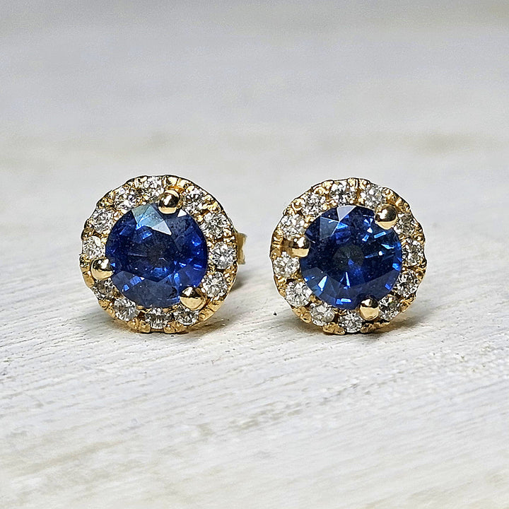 14k Yellow Gold Diamond Halo Blue Sapphire Stud Earrings