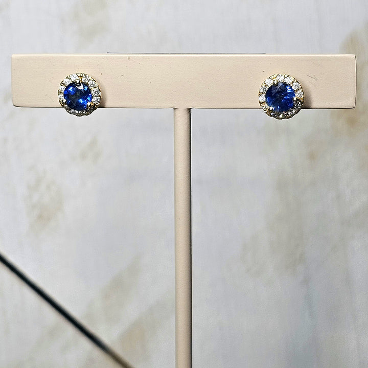 14k Yellow Gold Diamond Halo Blue Sapphire Stud Earrings