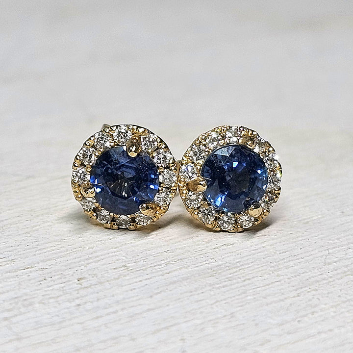 14k Yellow Gold Diamond Halo Blue Sapphire Stud Earrings